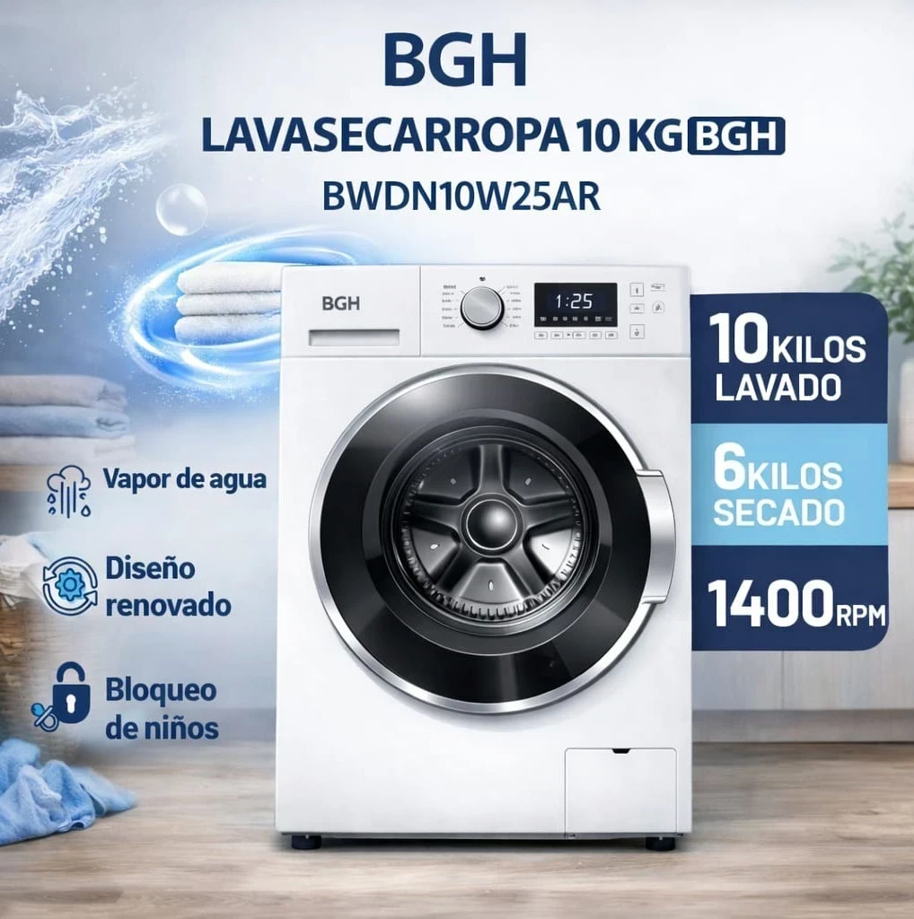 Lavasecarropas BGH BWDN10W25AR 10/6kg 1400rpm Inverter blanco