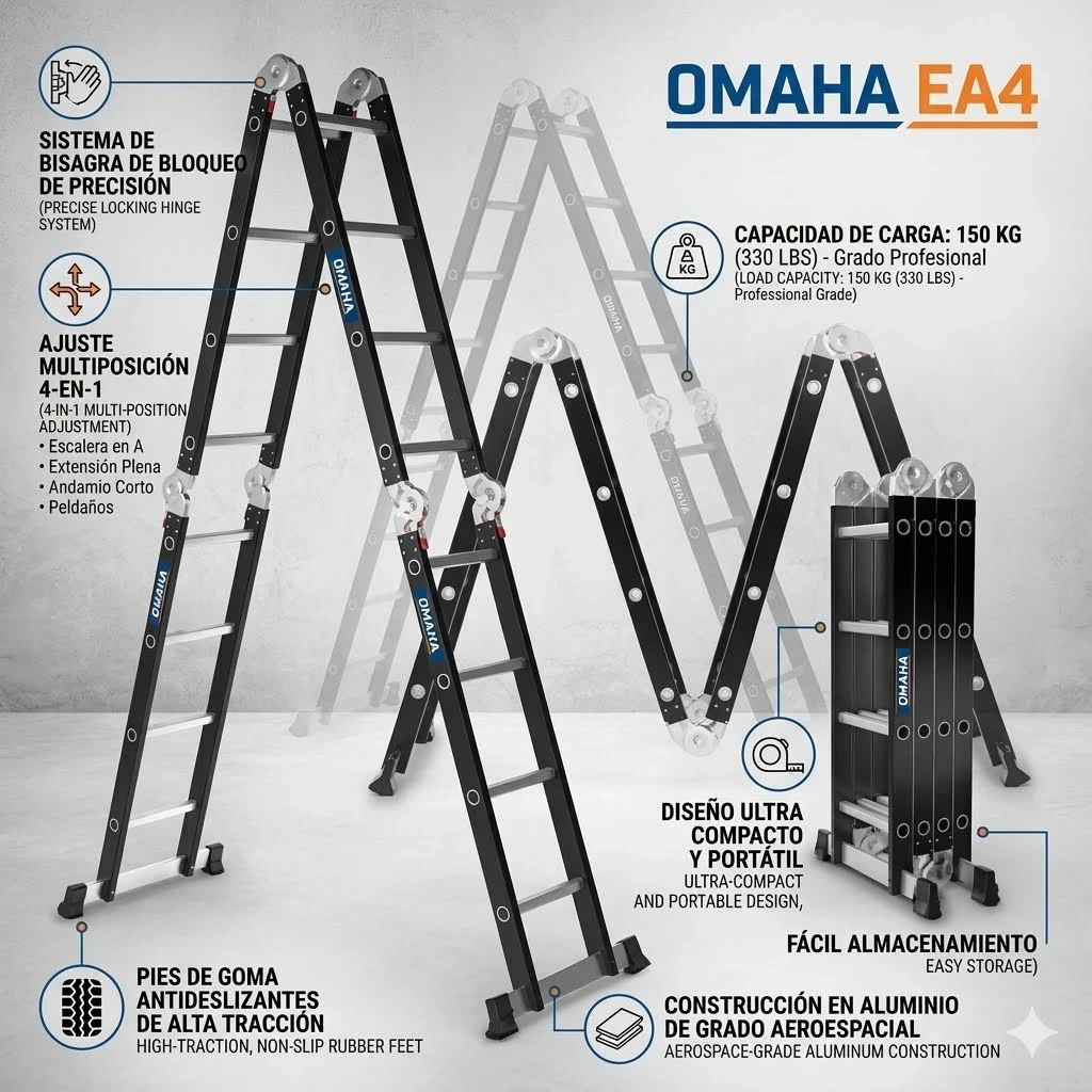 🪄 *ESCALERA OMAHA KLD 4,60 MTS MULTIFUNCION ALUMINIO 16 ESCALONES 
