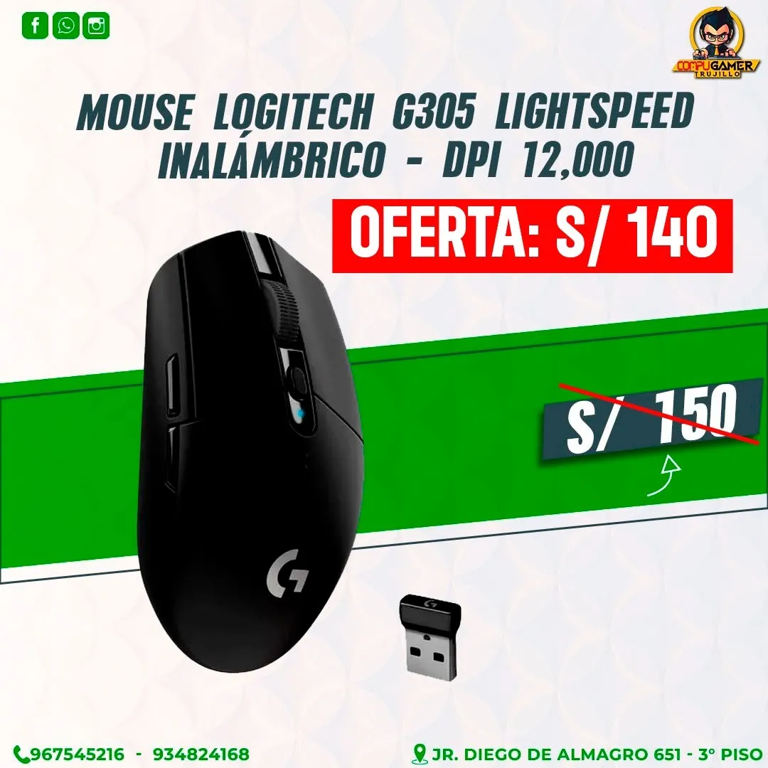 MOUSE INALÁMBRICO GAMER LOGITECH G305 LIGHTSPEED BLACK