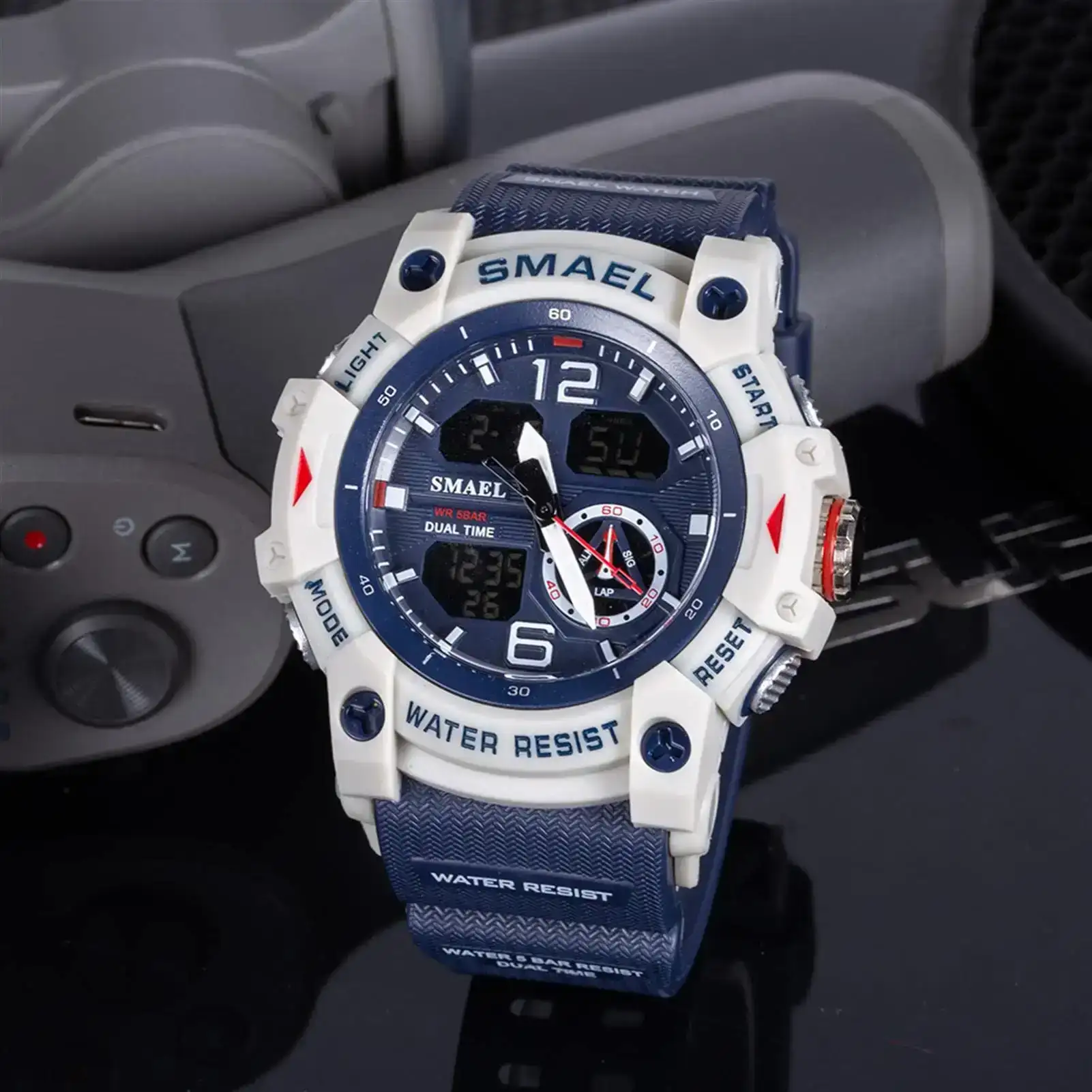 Reloj Smael Original Sumergible Deportivo Doble Hora 8007 Gris Azul 2