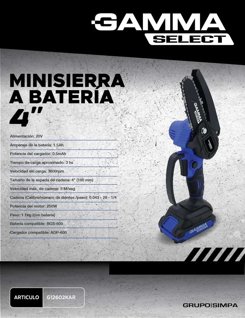 Mini Motosierra Gamma 20v A Bateria Maletín Poda 4 Pulgadas Azul