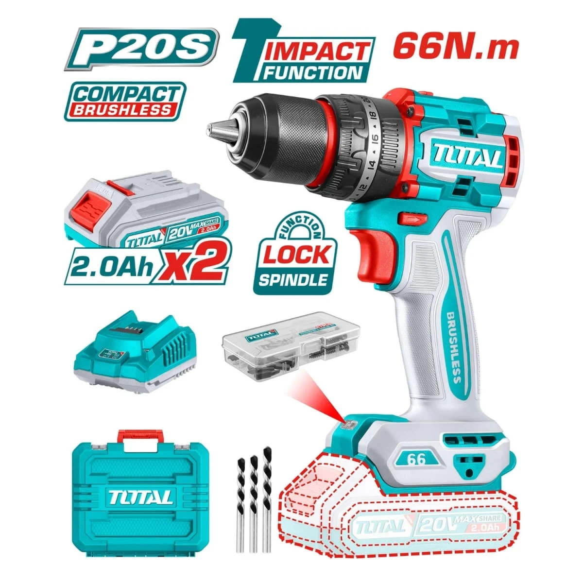 TIDLI20668 Taladro percutor 66nm + 2 baterías 2ah industrial total