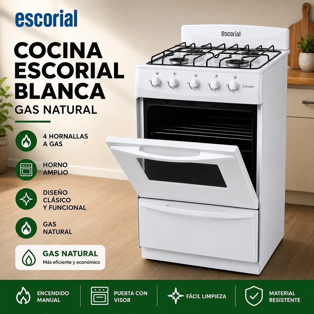 COCINA ESCORIAL CANDOR GAS NATURAL BLANCA 