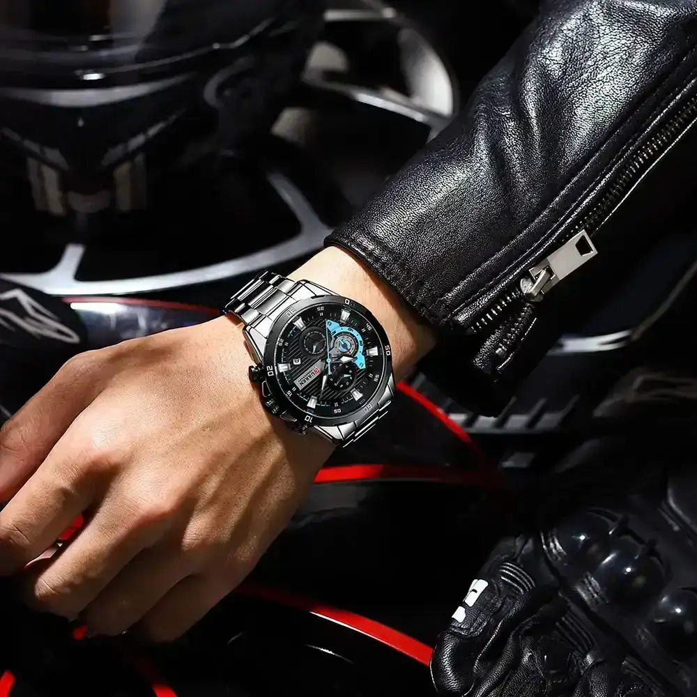 Reloj Curren Original Acero Cronografo 8402 Plateado Fondo Negro Detalles Azul Cielo 4