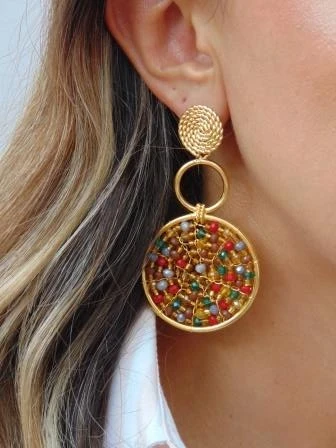 ARETES BAÑO DE ORO 24K LARGO 3 TIEMPOS  GRANDES MURANO TUTIFRUTI