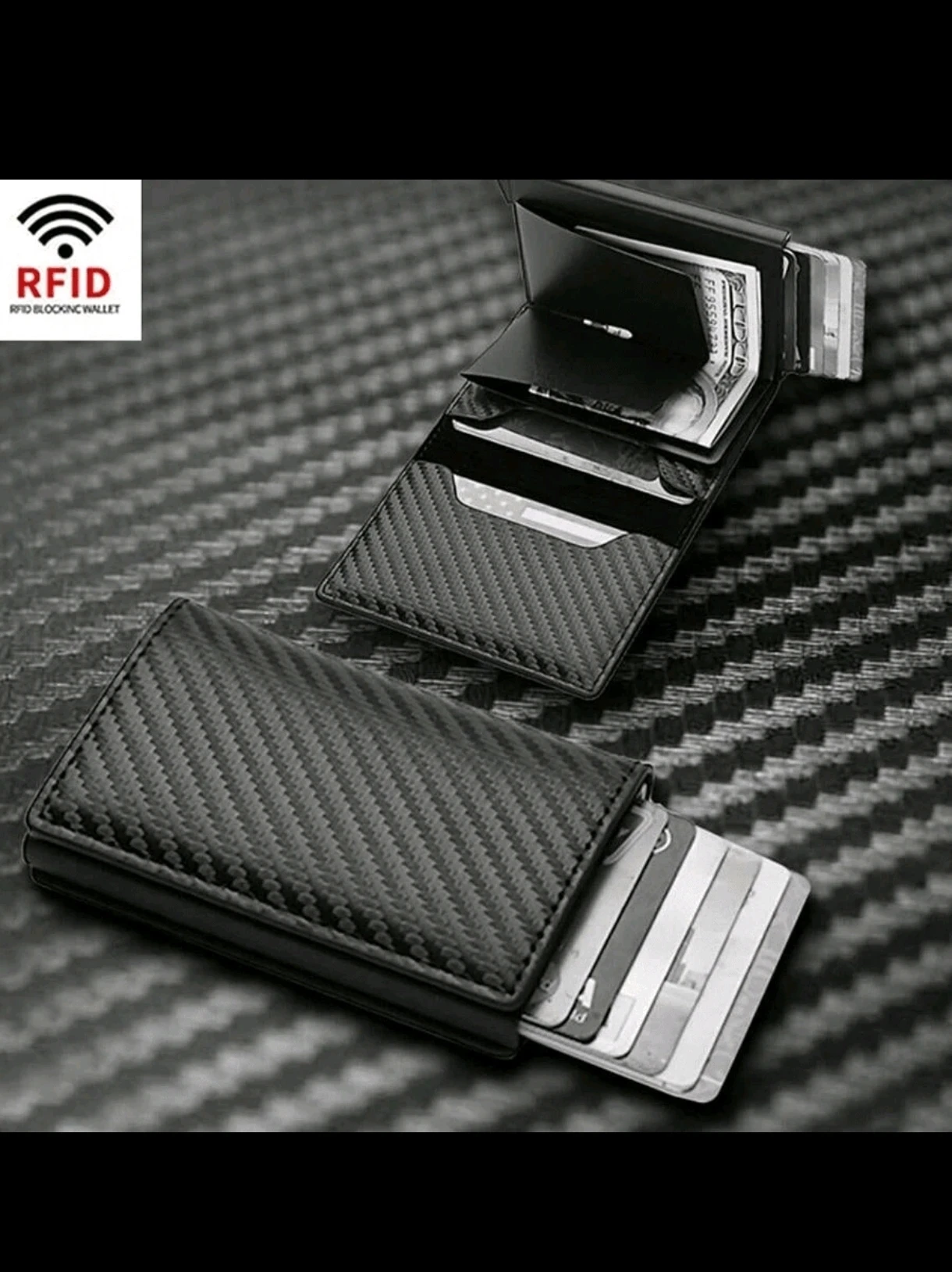 Billetera Inteligente con Tarjetero Pop-Up y Bloqueo RFID - Fibra de Carbono