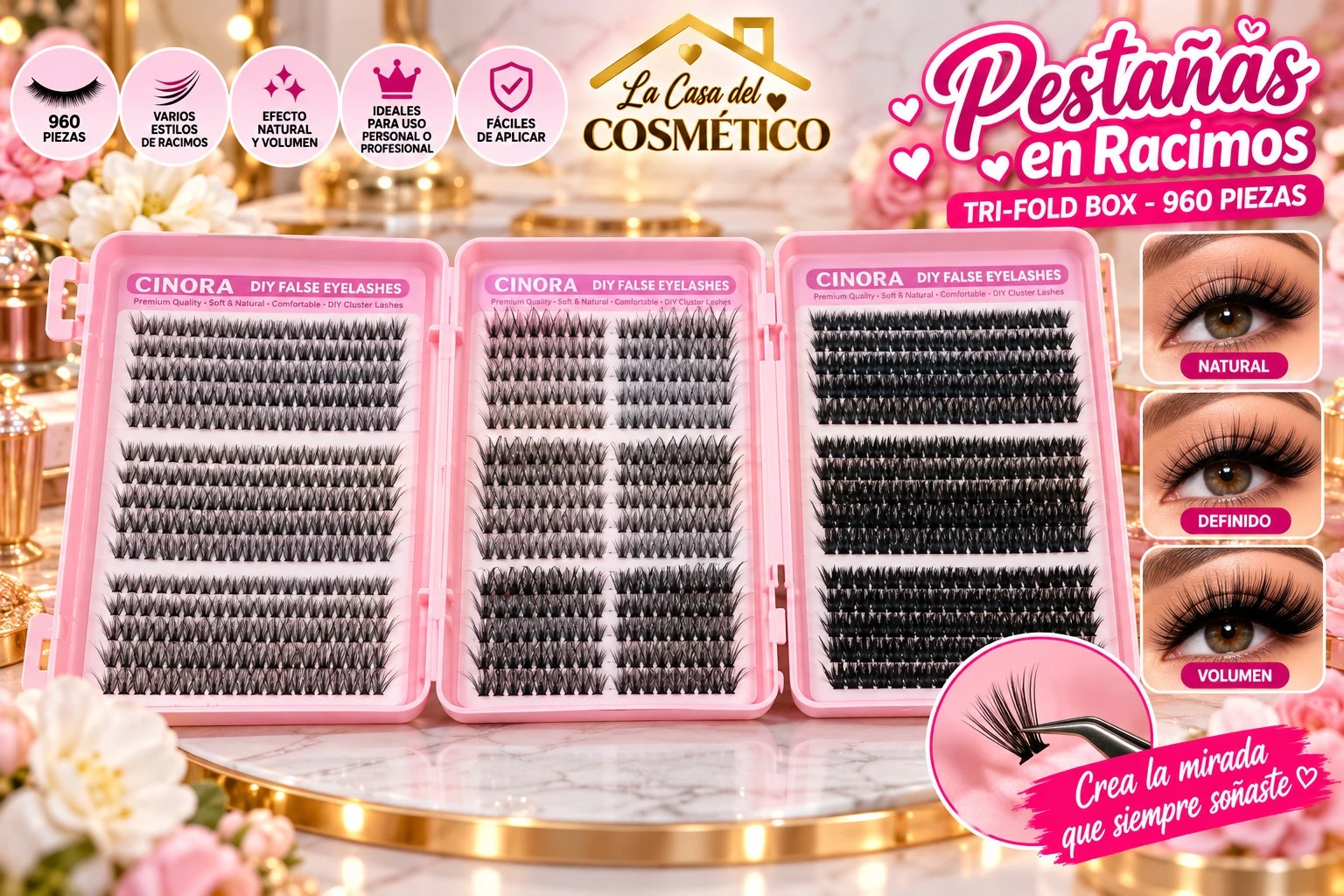 lumera pestañas xl cinora pestañas mirada irresistible 3 en 1 – 960 piezas