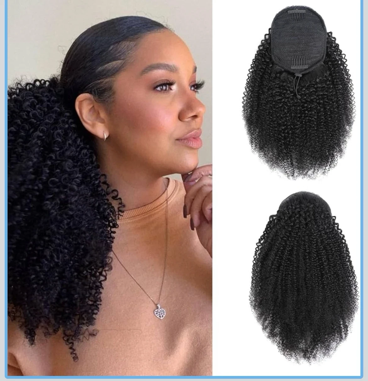 Cola de caballo de cabello humano rizado afro, virgen brasileño 4C, Afro Puff con cordón, color natural, 24 pulgadas 