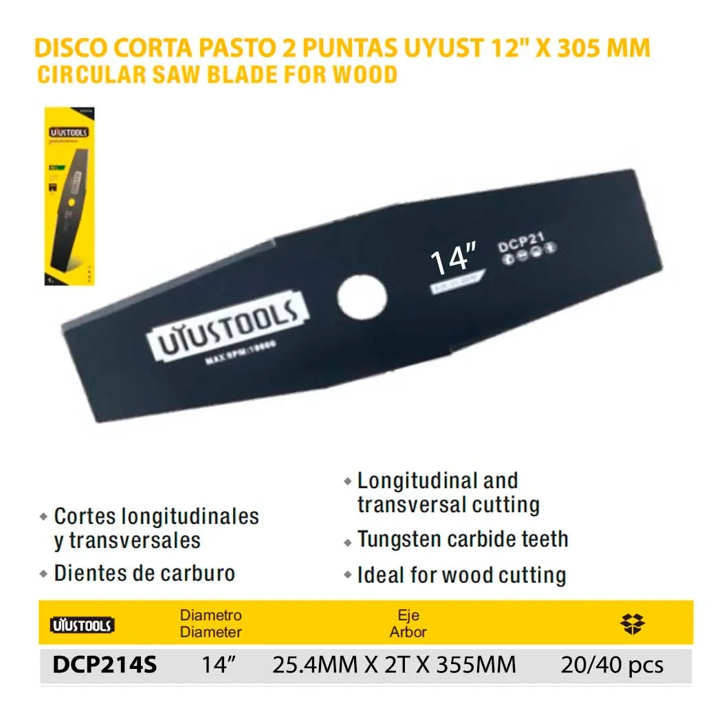 DISCO CORTA PASTO 2 PUNTAS UYUST 14" X 20mm