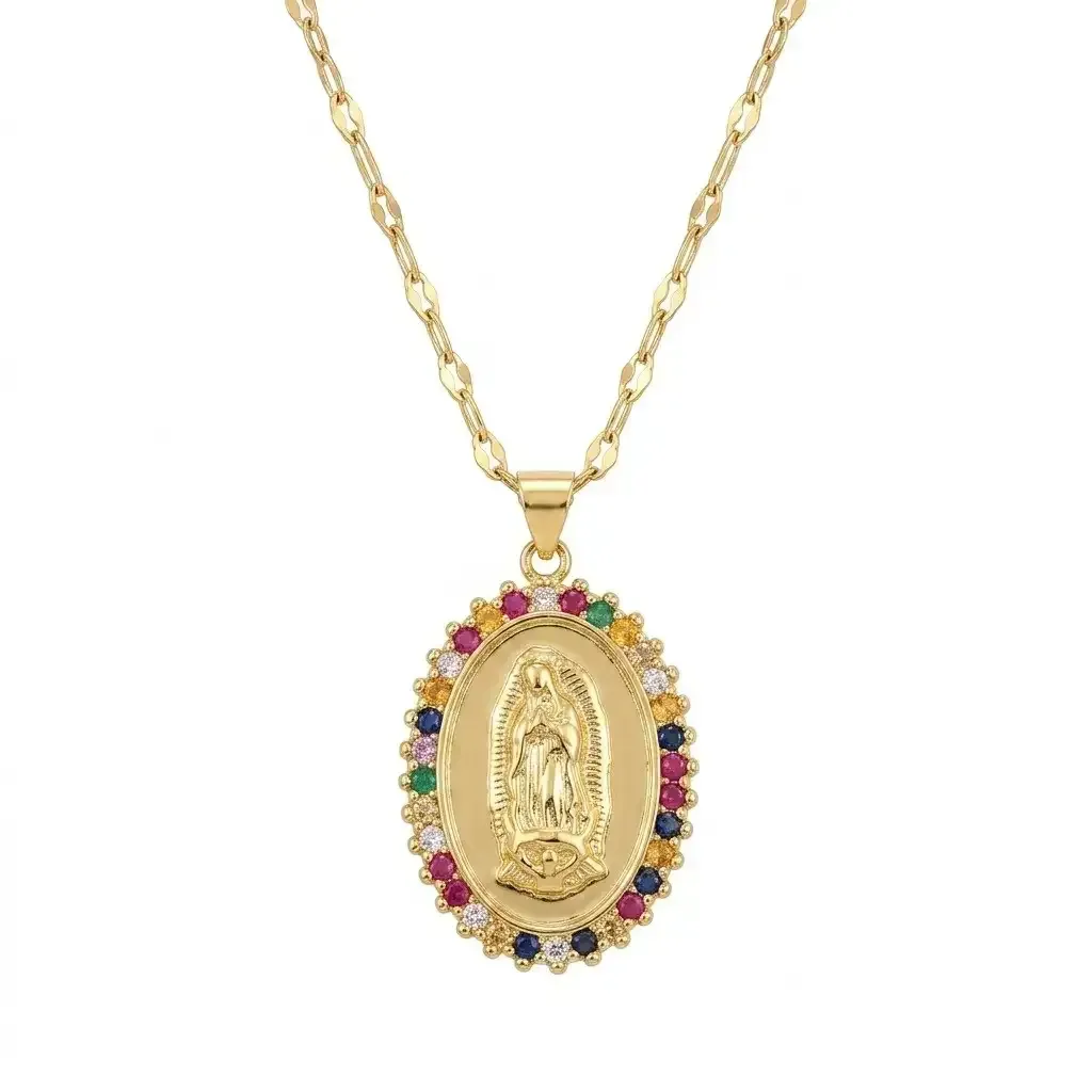 Cadena Y Dije En Acero Con Piedra Circon De Virgen De Guadalupe Colores