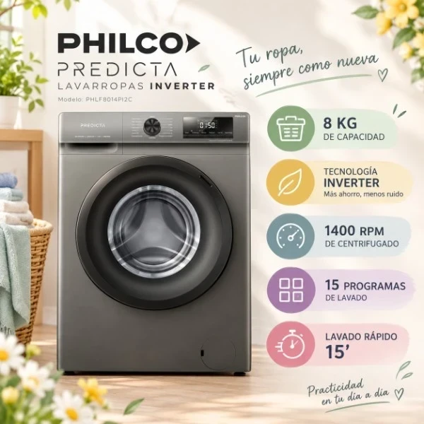 LAVARROPA PHILCO 8KG PREDICTA INVERTER - SILVER  -PHLF8014PI2 1400RPM