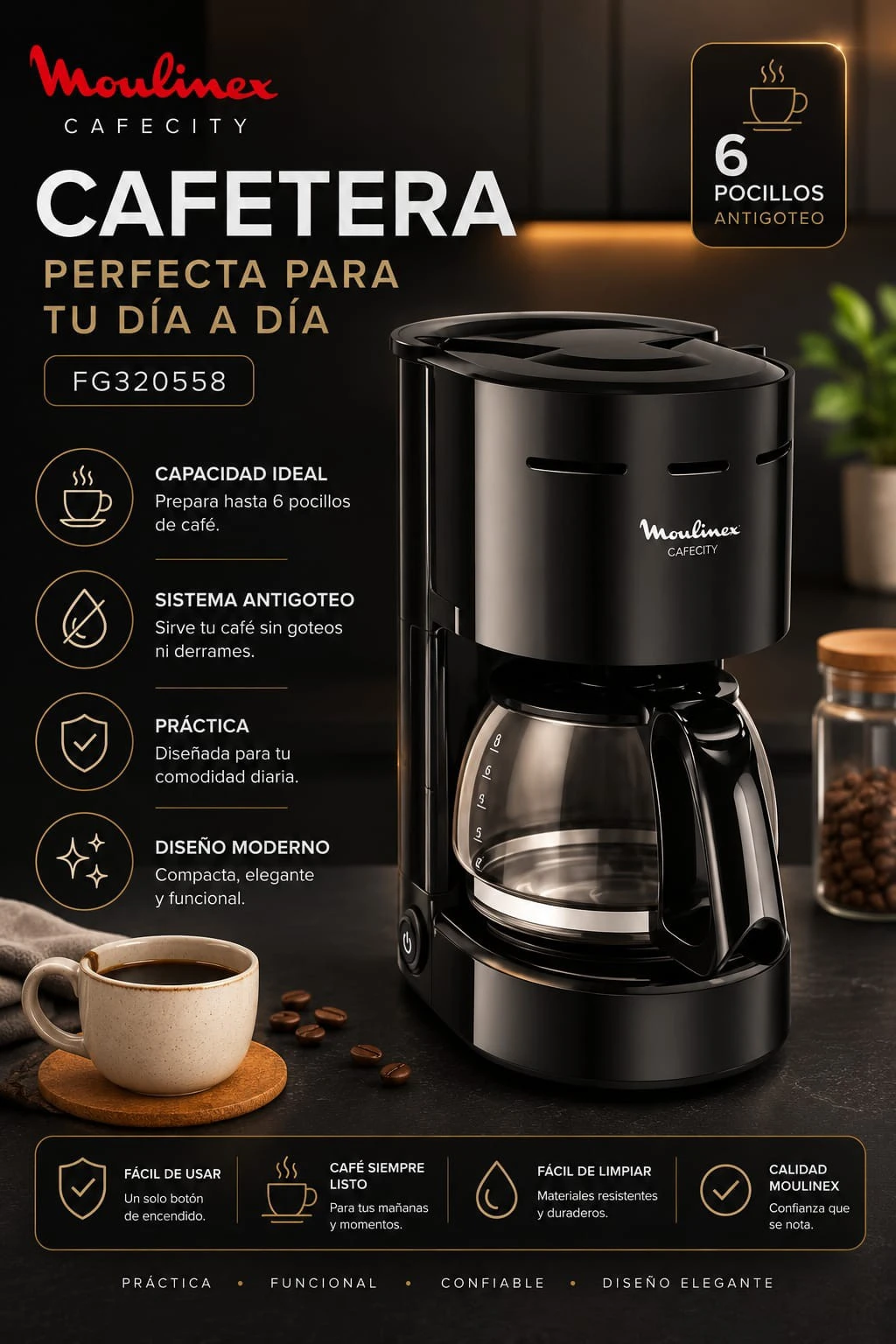 CAFETERA MOULINEX FG320558 CAFECITY PERFECTA 6 POCILLOS ANTIGOTEO – NEGRA