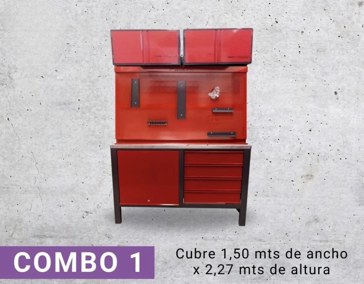 Banco de trabajo 1,50 + tablero 1,40 mts + 2 alacenas chicas