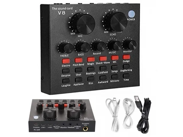 Interface tarjeta consola de sonido V8 podcast  PEDIDOS: 69442828 CONSOLA V8 Audio Externo USB Auricular para Micrófono Transmisión en vivo Tarjeta de sonido para teléfono móvil Computadora PC Característica: 1. 112 tipos de sonido eléctrico, 18 tipos de efectos de sonido, 6 tipos de modos de efectos. 2. Ajuste de tamaño de reverberación, ajuste de volumen del micrófono, ajuste de graves altos, control de volumen de grabación, control de volumen de música, control de volumen de monitoreo (función de auricular). 3. Admite el uso de la computadora del teléfono móvil, admite el uso de un solo auricular. 4. 7 tipos de métodos de conexión: un teléfono celular K canción en vivo, doble teléfono celular en vivo, tres teléfonos móviles en vivo, teléfono móvil computadora en vivo sincrónico, una computadora en vivo, acompañamiento de computadora teléfono celular en vivo, entrada de instrumento teléfono celular en vivo.  5. Función de Bluetooth.  Especificación: Batería: batería recargable de iones de litio Material: metal De color negro Tamaño del producto: 125x105x25 mm / 4.92x4.13x0.98 '' Peso: 467g  Nota: Puede haber una diferencia de 1 a 3 mm debido a la medición manual. Debido a las diferentes pantallas y luces, es posible que la imagen no muestre el color real del artículo. Gracias por su comprensión.  Paquete incluido:  1 x tarjeta de sonido 2 x cables de audio 1 x cable USB 1 x manual de usuario en inglés 2