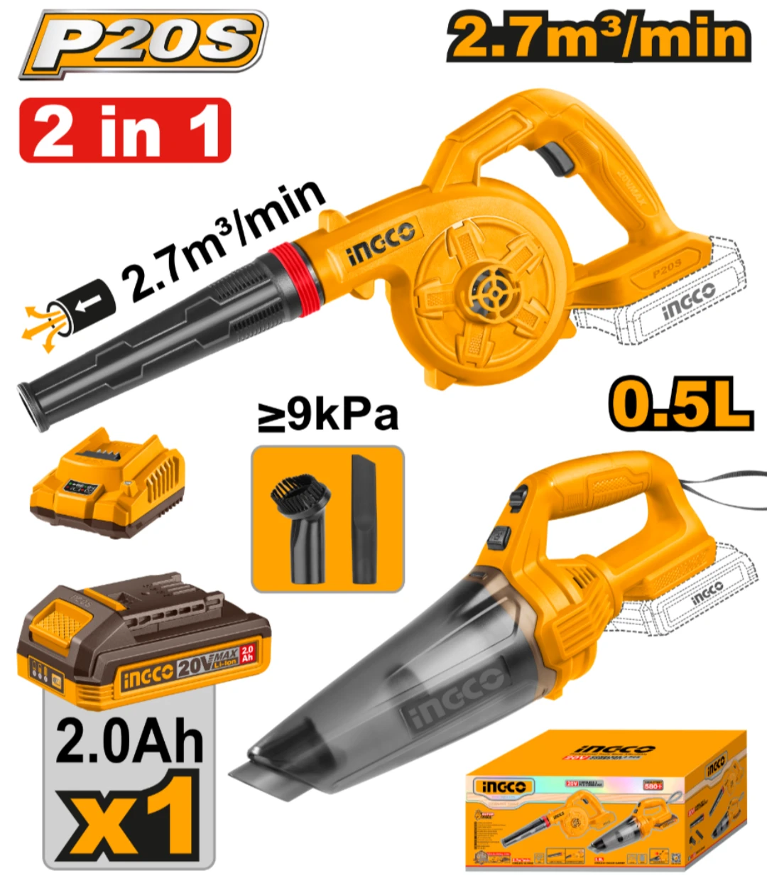 KIT A BATERÍA 20V P20S SOPLADORA + ASPIRADORA 0.5L C/BATERÍA, CARGADOR Y ACCESORIOS INGCO COSLI240998