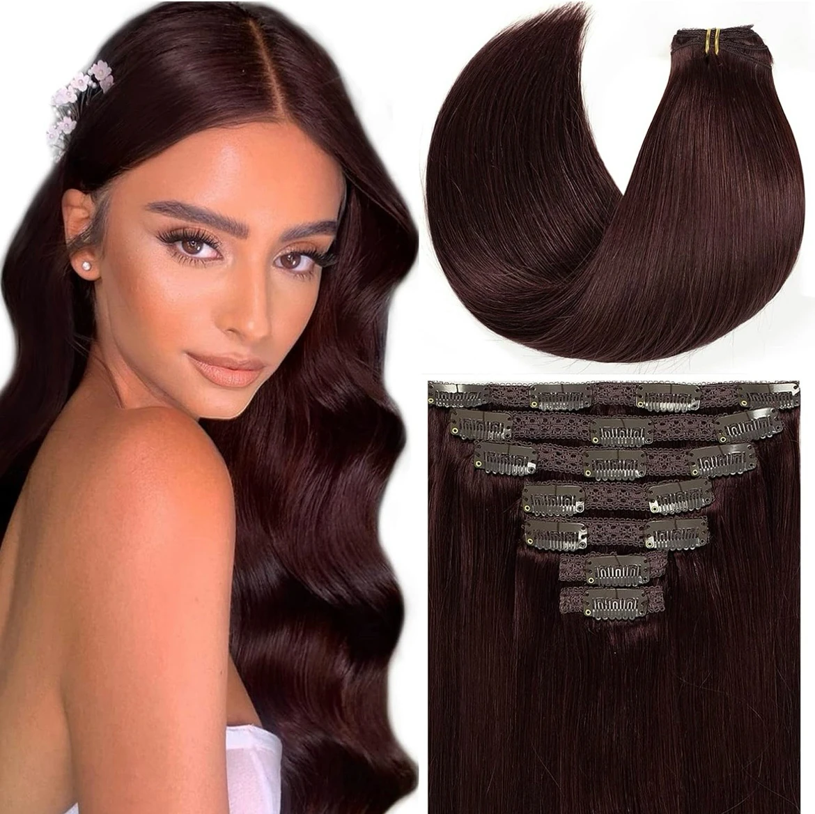 Extensiones de cabello humano brasileño con clip, de grado 9A, lacio, sedoso, natural, para cabeza completa, color vino tinto, #99J, 7 unidades, 16 clips, 120g