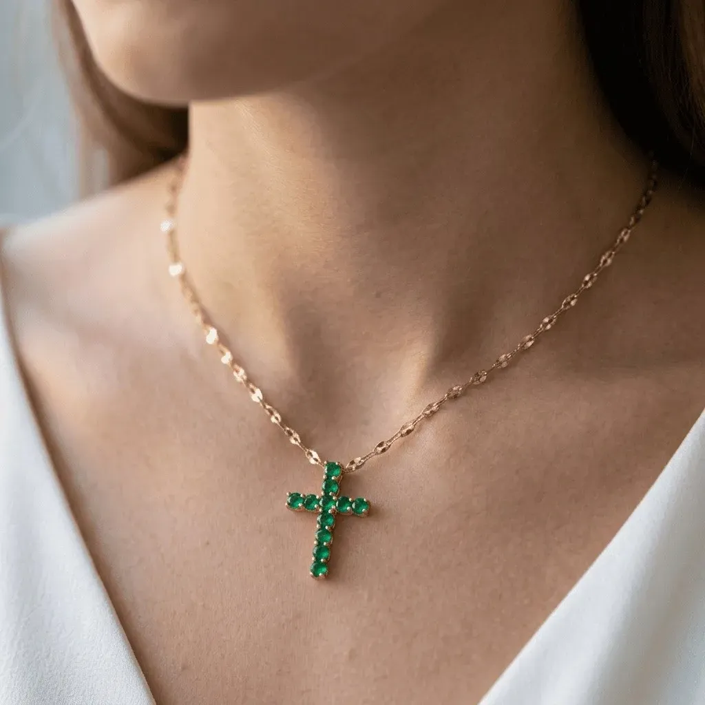Cadena Y Dije En Acero Con Piedra Circon De Cruz Pequeña Verde 2