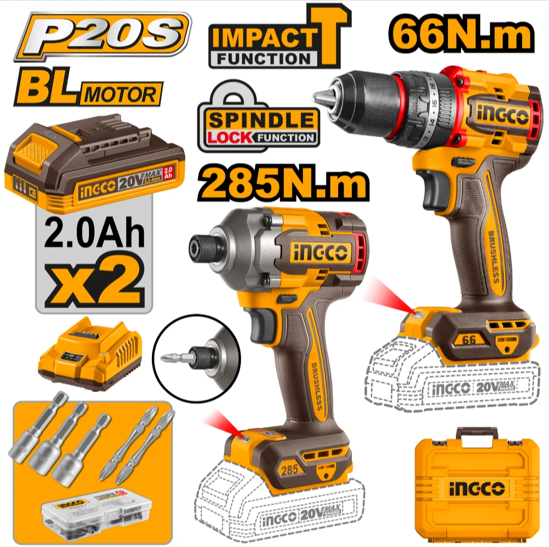 COMBO TALADRO ATORN C PERCUTOR 66NM + ATORNILLADOR DE IMPACTO 20V P20S BRUSHLESS C/2 BAT + CARGADOR + VALIJA + SET ACCES