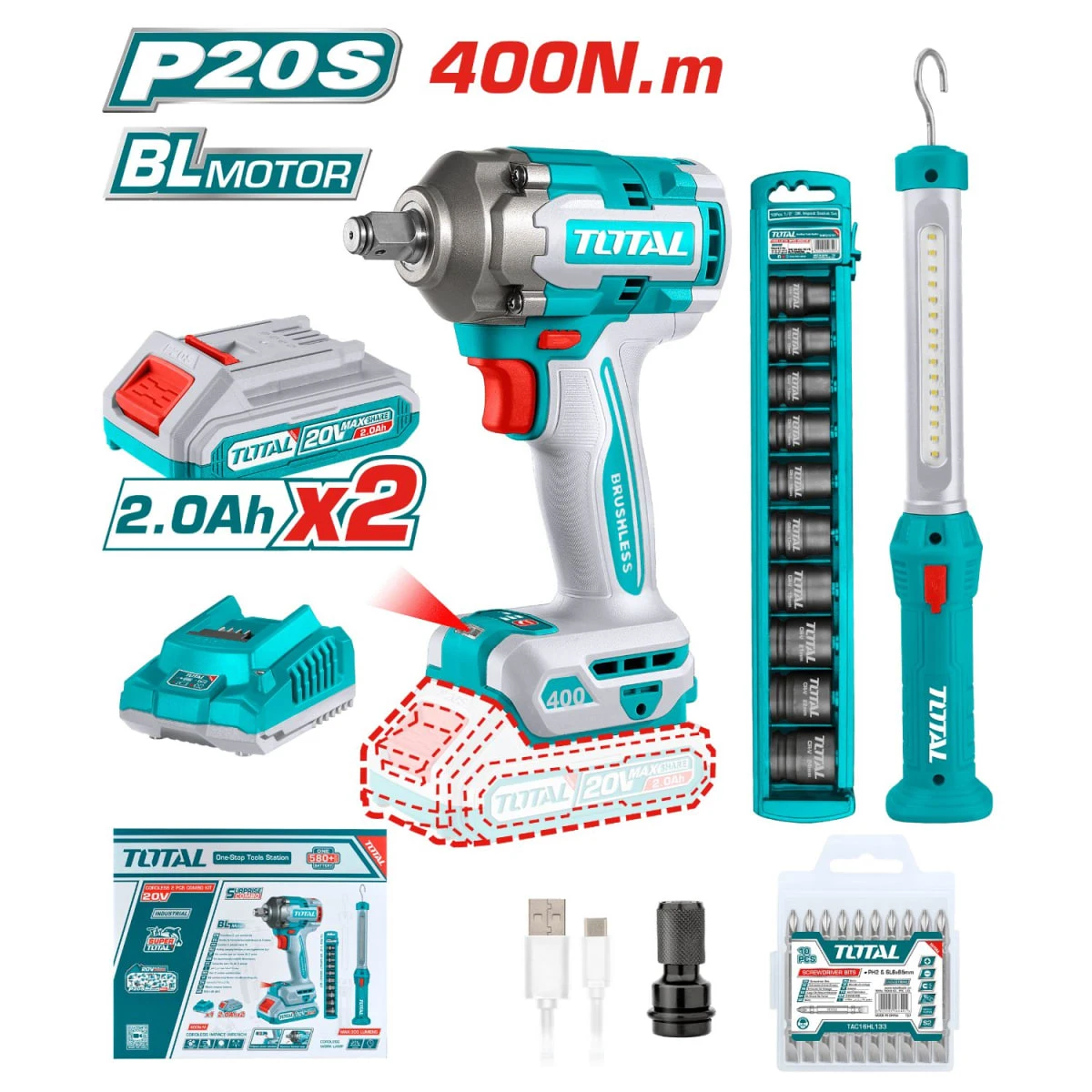 Mega combo llave de impacto 400n.m 20v+ dados impacto + lámpara total SKU: TOSLI23048