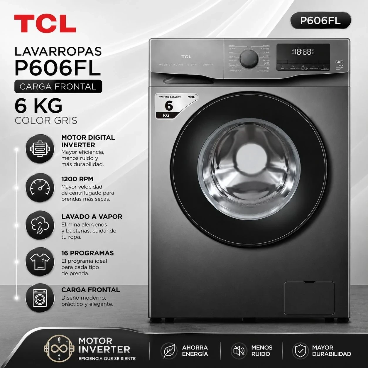 Lavarropas Tcl P606fl Carga Frontal 6Kg Inverter silver* 
