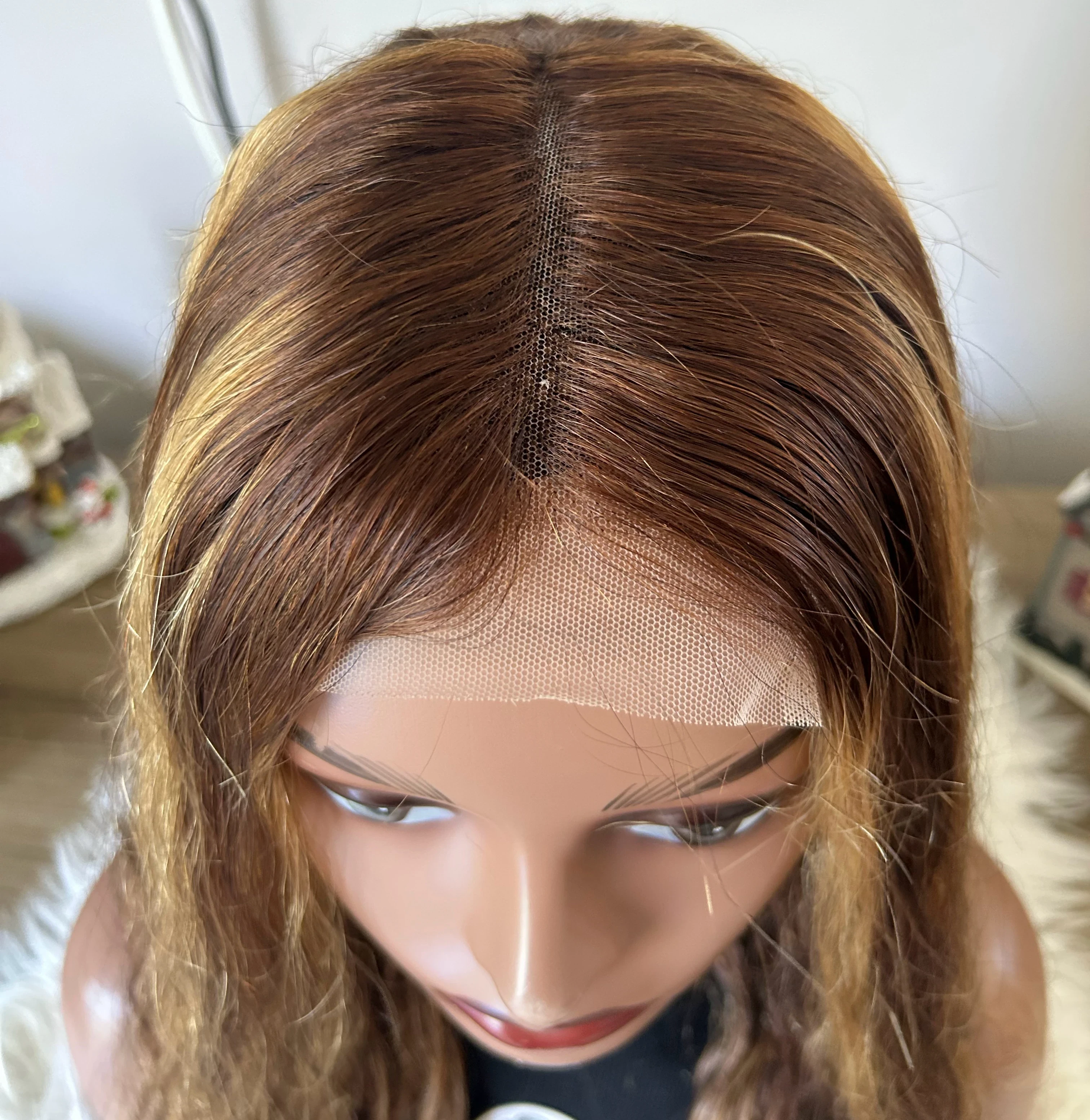 Peluca de cabello humano brasileño Remy con reflejos rubios degradado T4/27, frontal lace 4x4  densidad media 5