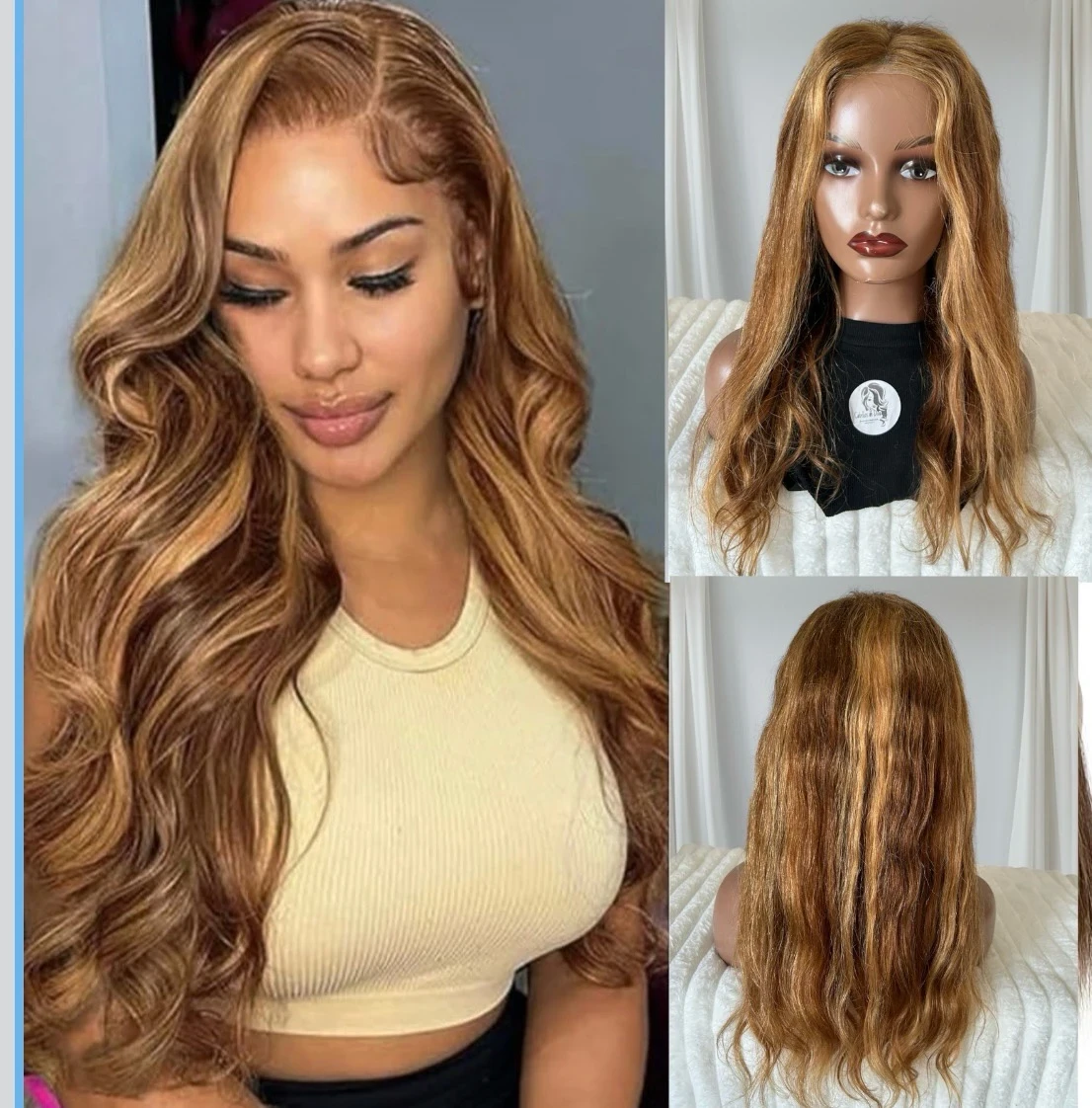 Peluca cabello humano 6/27 con reflejos rubio miel ombré, 20 pulgadas, frontal lace 4x4 HD 