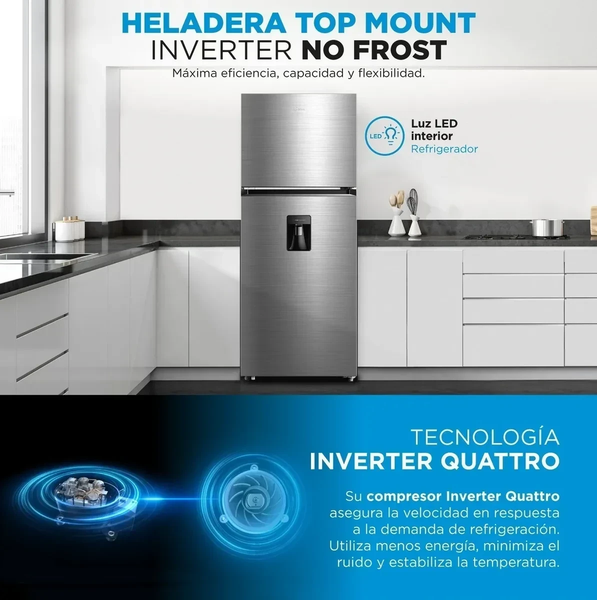 Heladera No Frost Inverter Midea Ac. Inox Top Mount 412 L