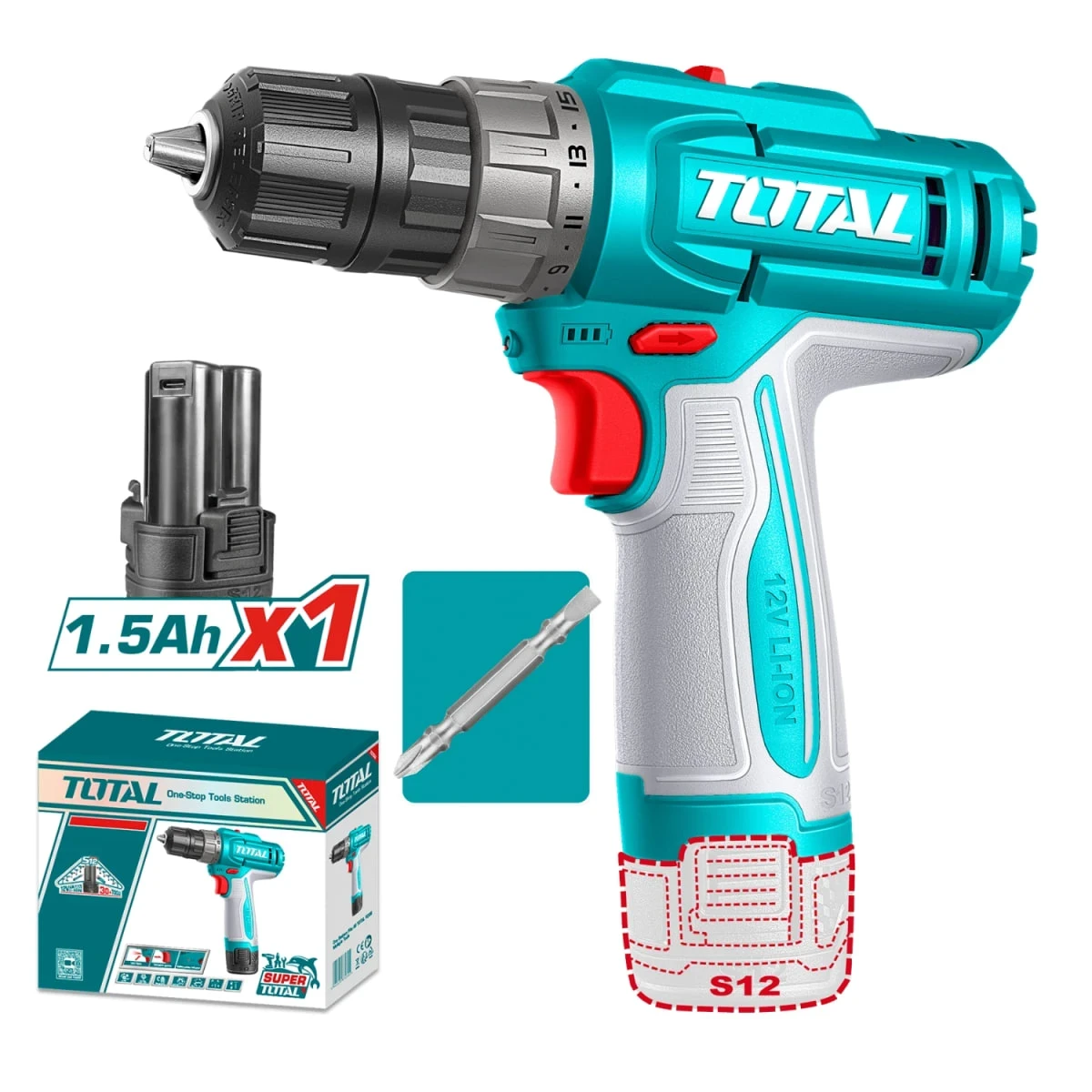 TDLI122061 Taladro atornillador 12v 20nm + batería tipo c mango ergonomico total