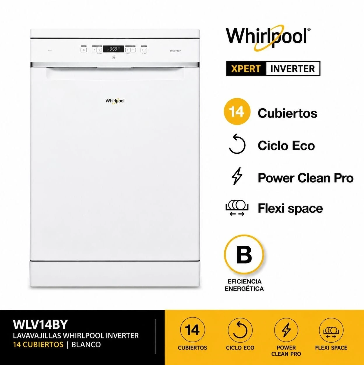LAVAVAJILLAS WHIRLPOOL 14 CUBIERTOS  INVERTER BLANCO*