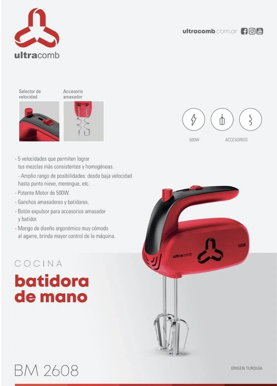 BATIDORA DE MANO ULTRACOMB 500W