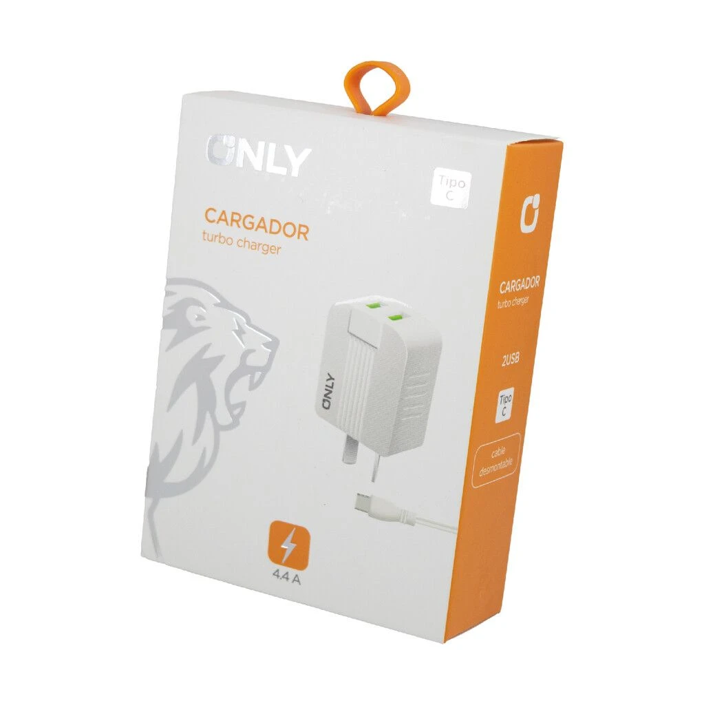 CARGADOR 220V ONLY MOD06 – 2 USB + CABLE TC – BLANCO