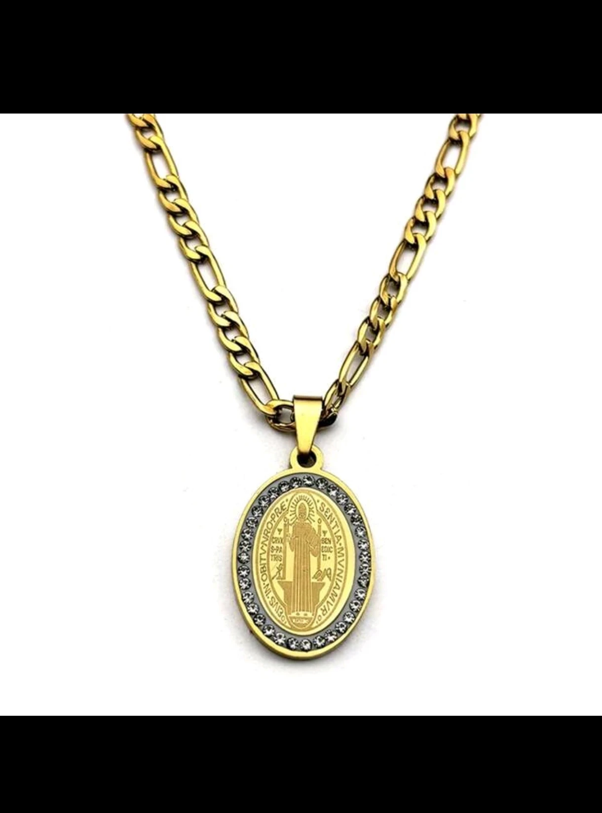 Cadena Figaro con Medalla de San Benito con Cristales - Acero Inoxidable 4