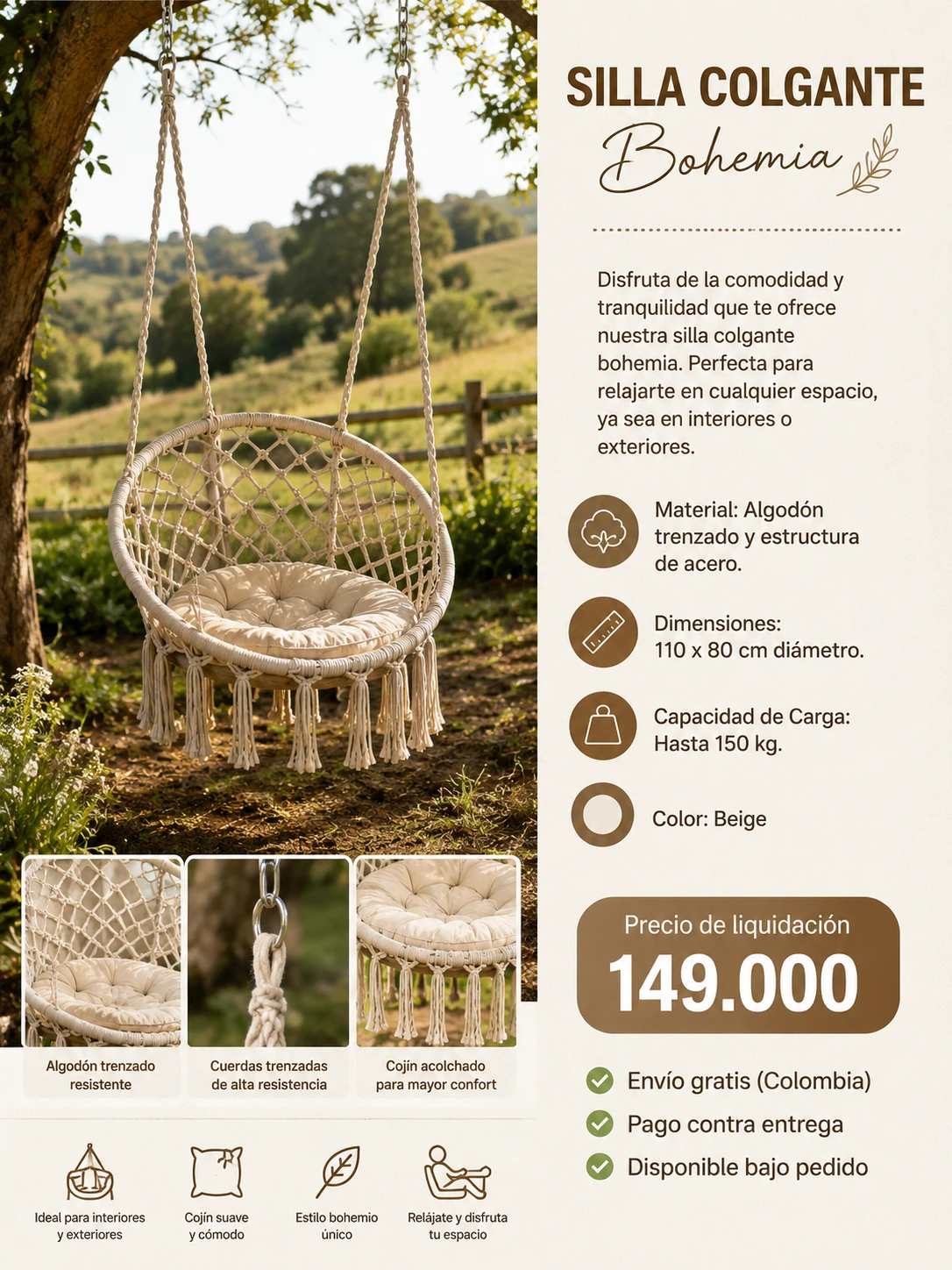 Silla Colgante Boho Beige ✨  🪢 Algodón trenzado y estructura de acero 4
