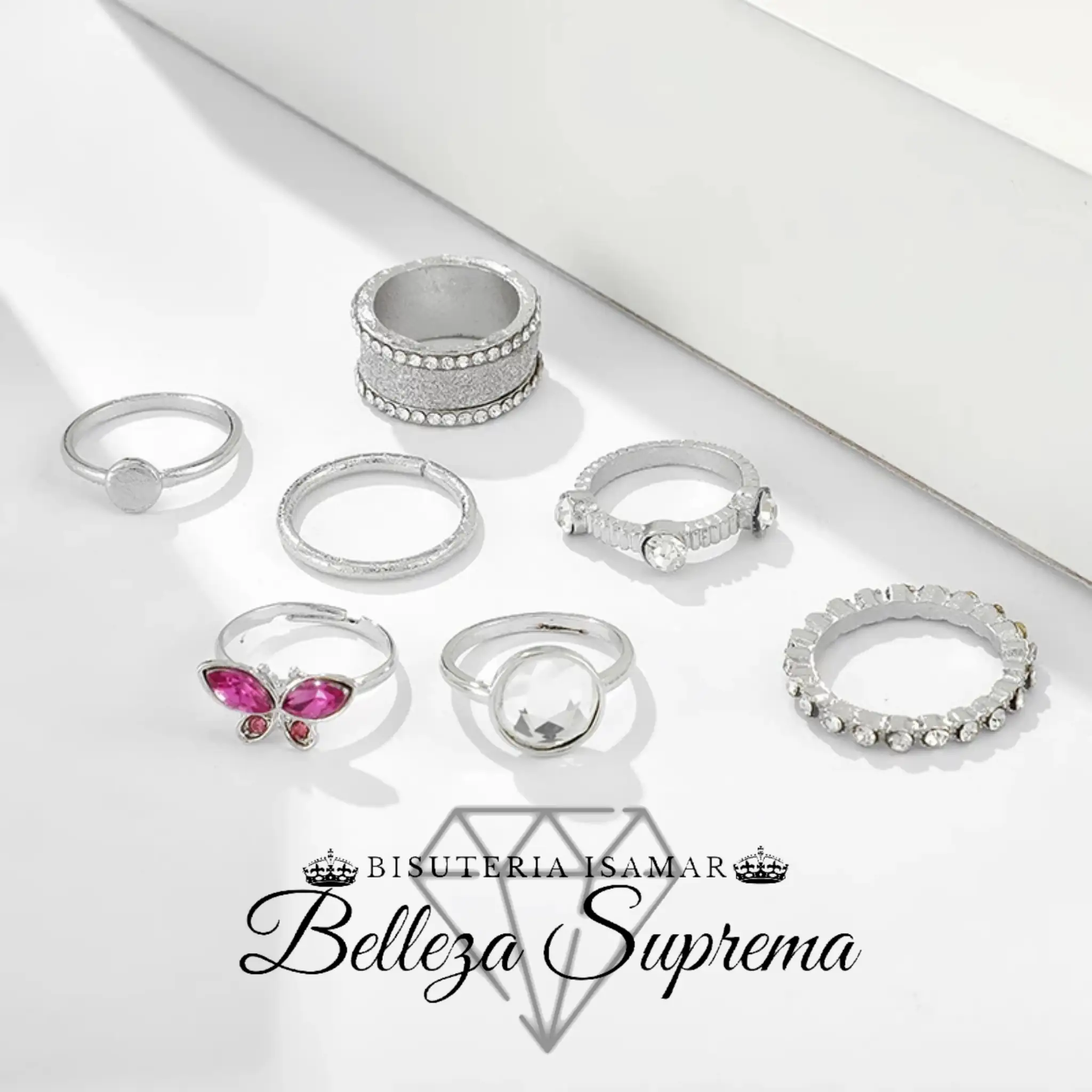 SET DE 7 ANILLOS EN PLATEADO CON BRILLO 3