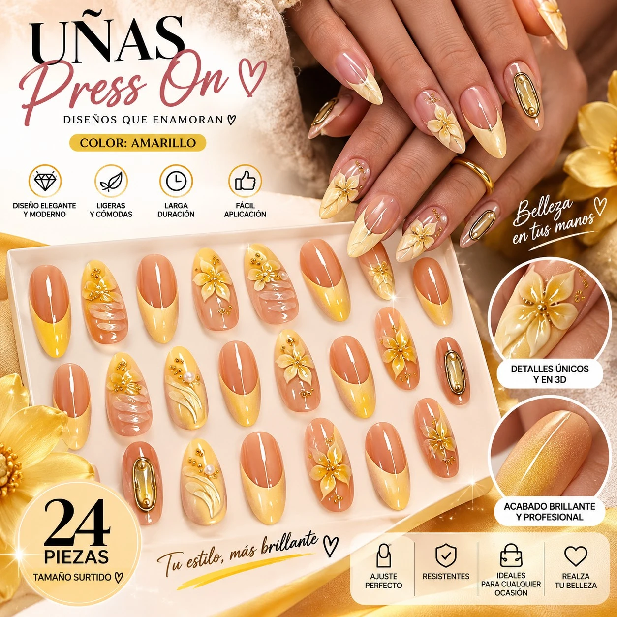 lumera caja de uñas press on golden bloom