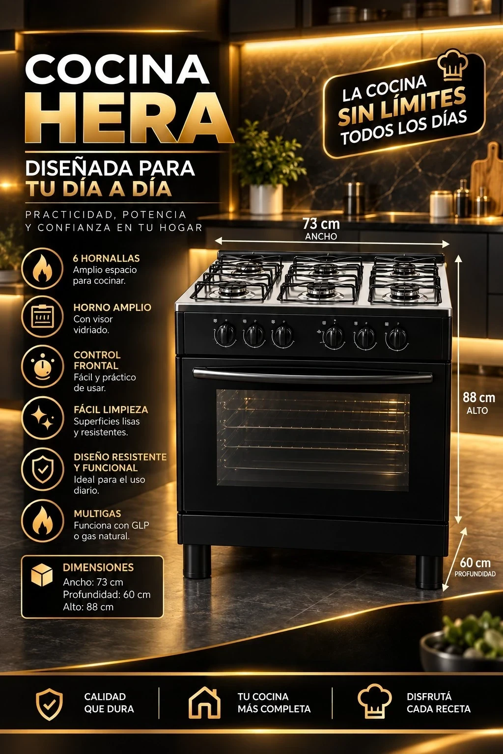 COCINA PEABODY HERA 5 HORNALLAS C/VISOR *CONSULTAR DISPONIBILDAD CON EL VENDEDOR*