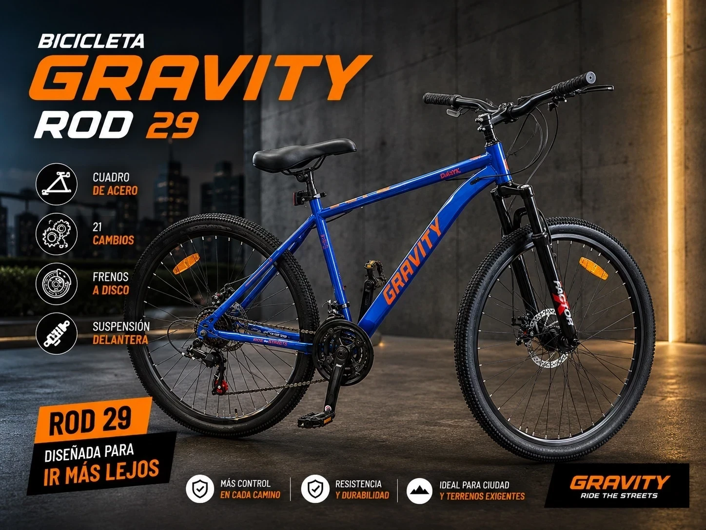 BICICLETA GRAVITI AZUL/NARANJA ROD 29 TALLE 18
