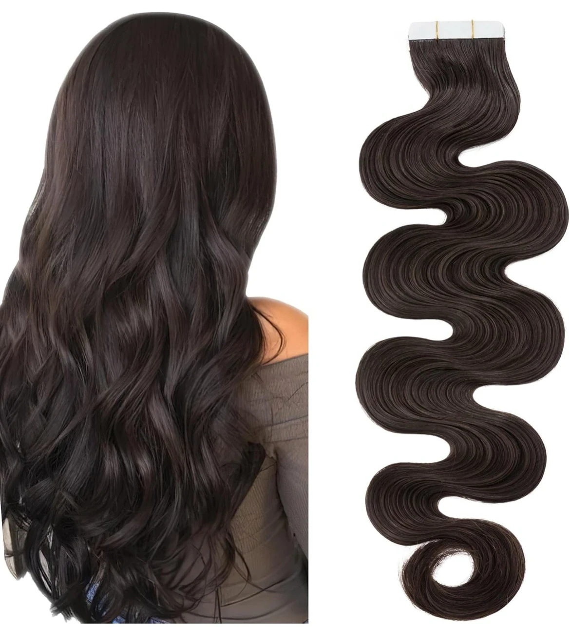 Extensiones de cabello humano con cinta adhesiva de 14 pulgadas, 20 unidades, 1.41 oz/1.41 onzas, color marrón oscuro, ondulado, ombré, 100% Remy