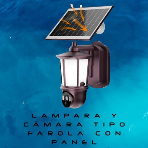 CÁMARA DE SEGURIDAD CON LAMPARA TIPO FAROLA Y PANEL SOLAR