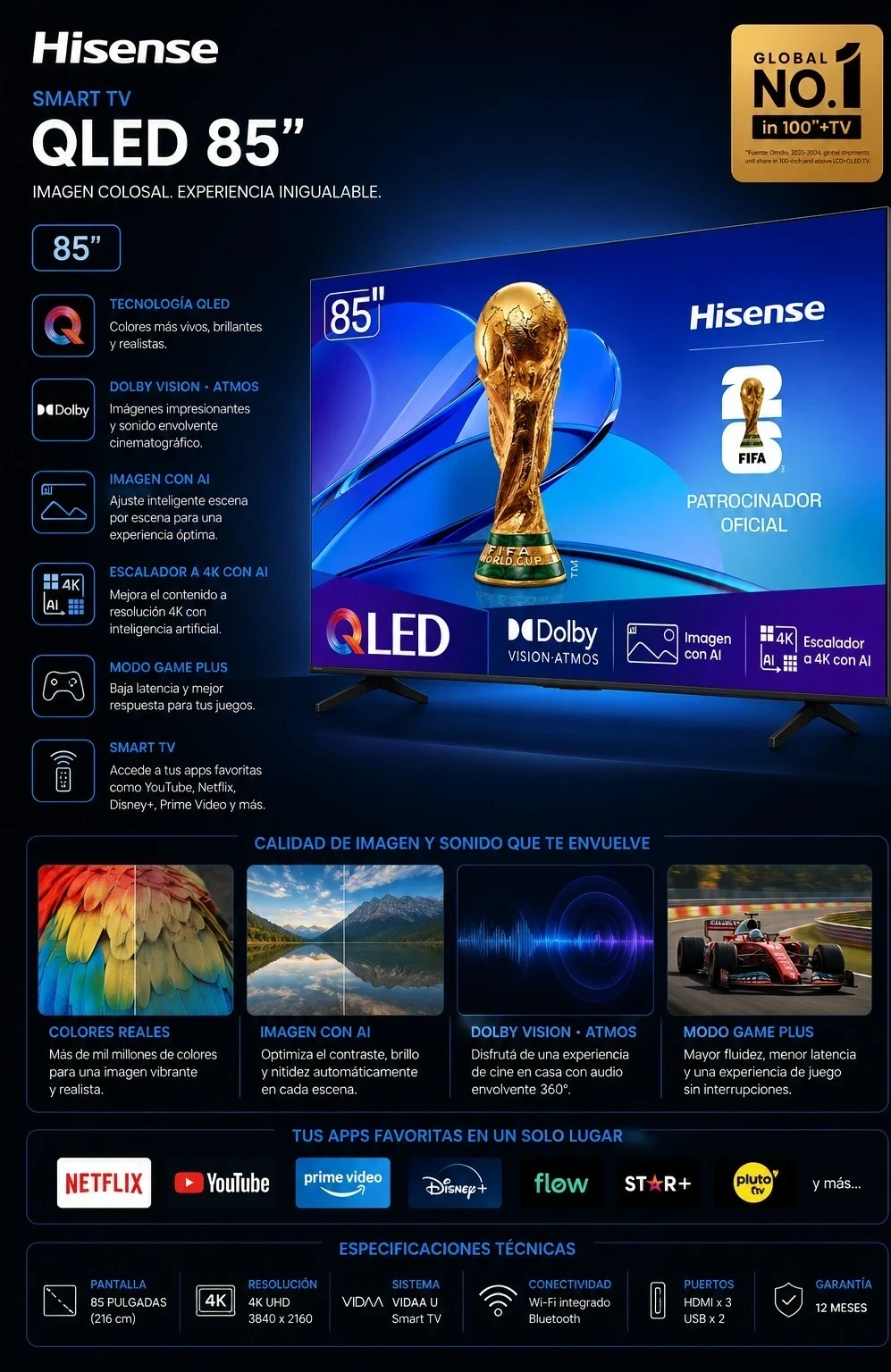 Smart tv Hisense 85" Qled sistema vidaa