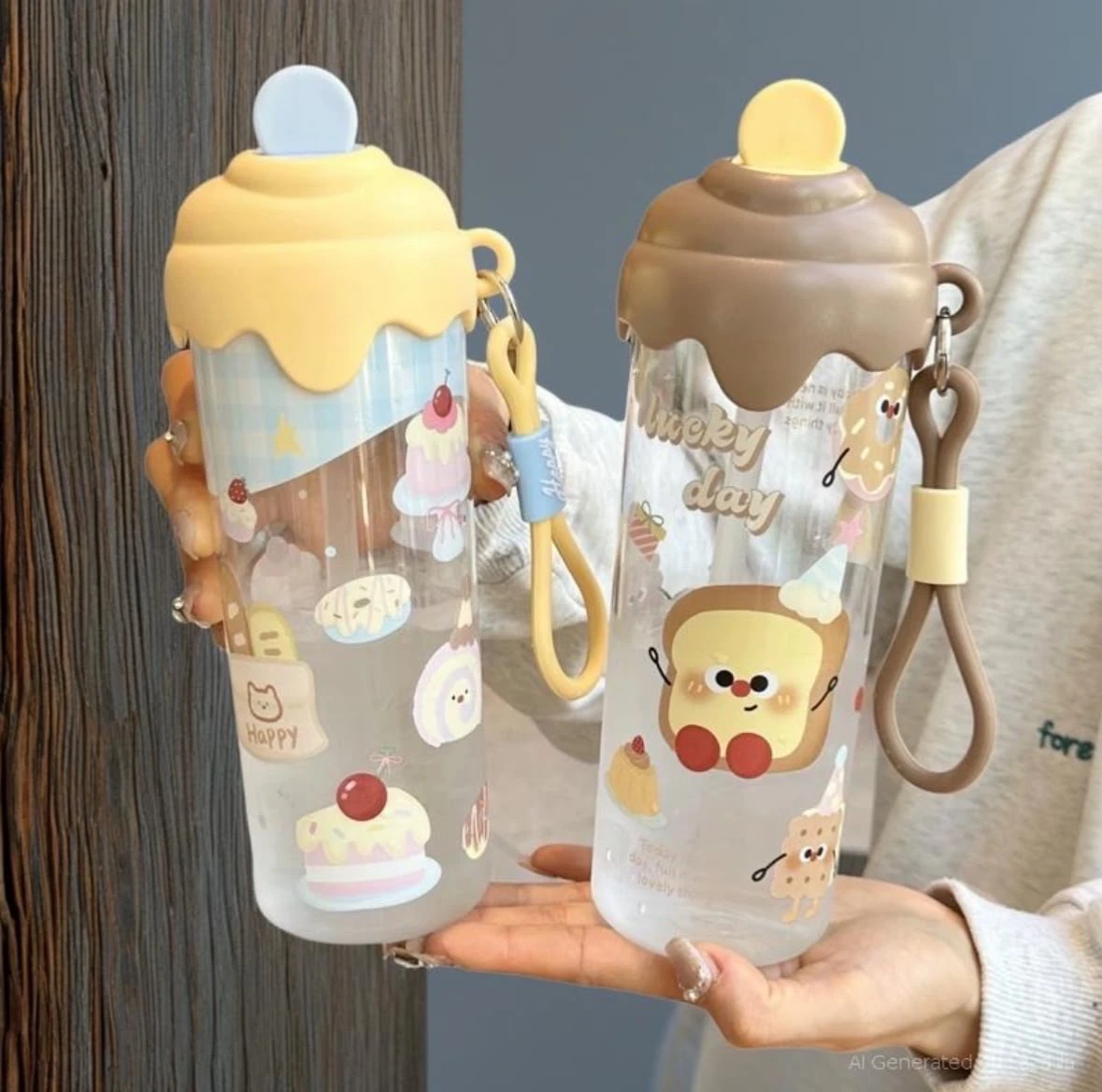 Cilindro Botella de Agua Kawaii Tapa Forma de Helado / Postre con Correa 750 ml 3