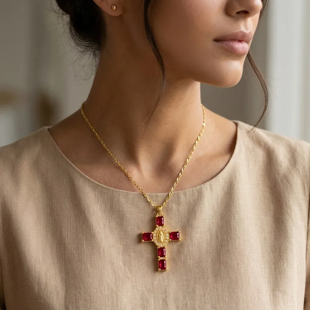 Cadena Y Dije En Acero Con Piedra Circon De Cruz Corazones Virgen De Guadalupe Roja 2