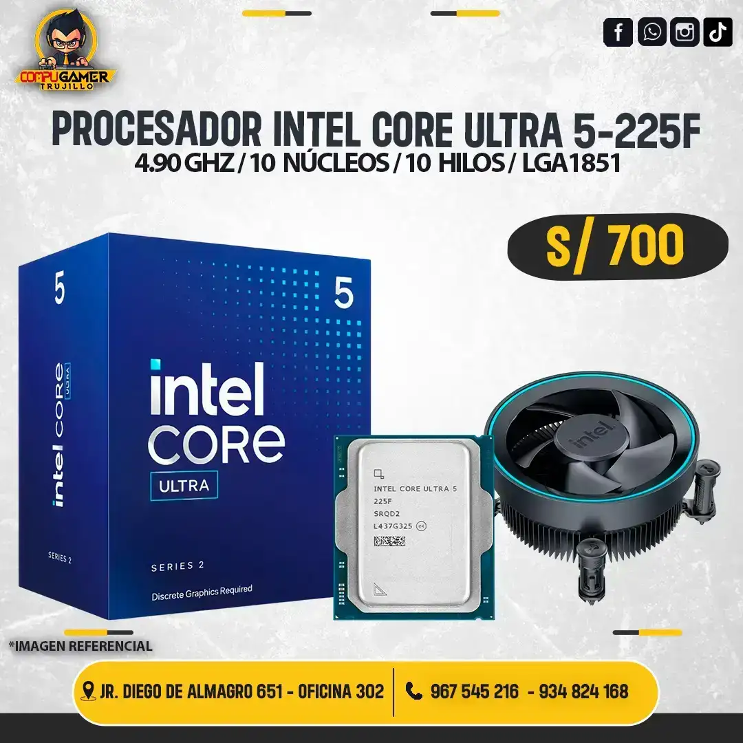 PROCESADOR INTEL CORE ULTRA 5-225F, 10 NÚCLEOS, 10 HILOS, 4.90GHZ