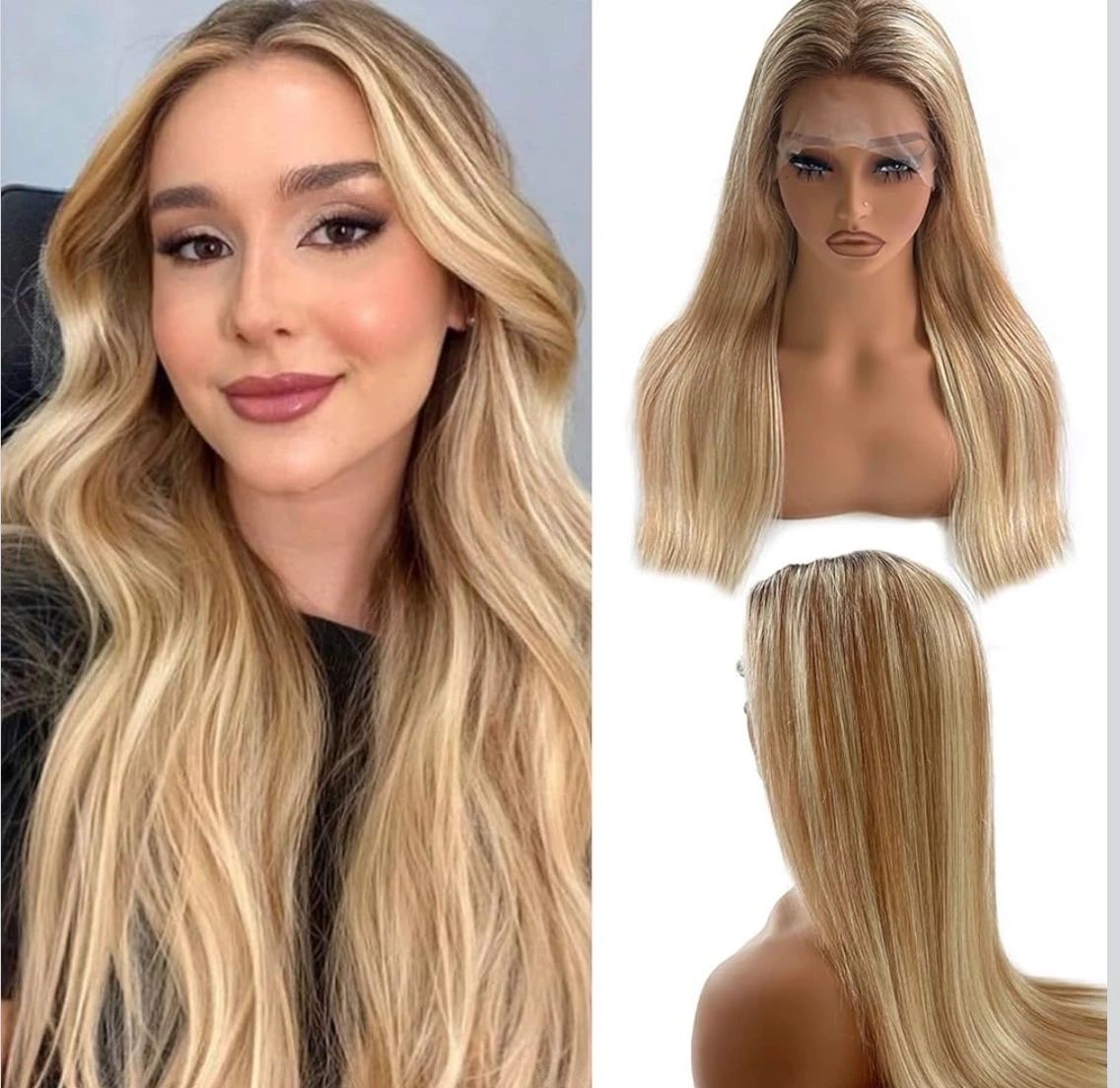 Peluca de cabello humano rubio degradado 4T12P613 de 22 pulgadas, color castaño medio con reflejos rubios dorados