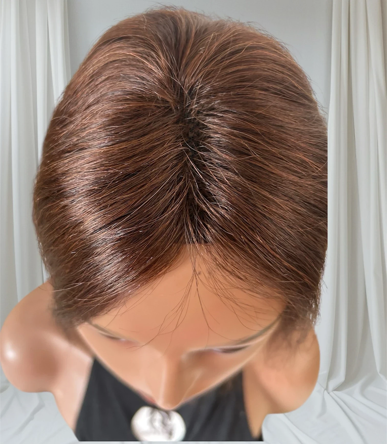 Toppers de cabello de 12 pulgadas para mujer, cabello humano real, base de encaje suizo de 4.5 x 5 pulgadas, adorno de cabello atado a mano, sin flequillo, color marrón 3