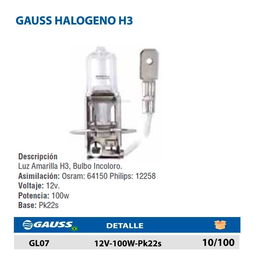 GAUSS HALOGENO H3 12V-100W-Pk22s