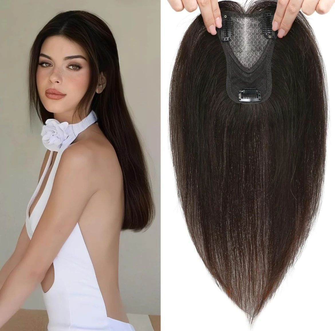 Toppers de cabello humano real para mujer, 360° sin flequillo, base de encaje mejorado para mujer, (marrón oscuro, 12 pulgadas)
