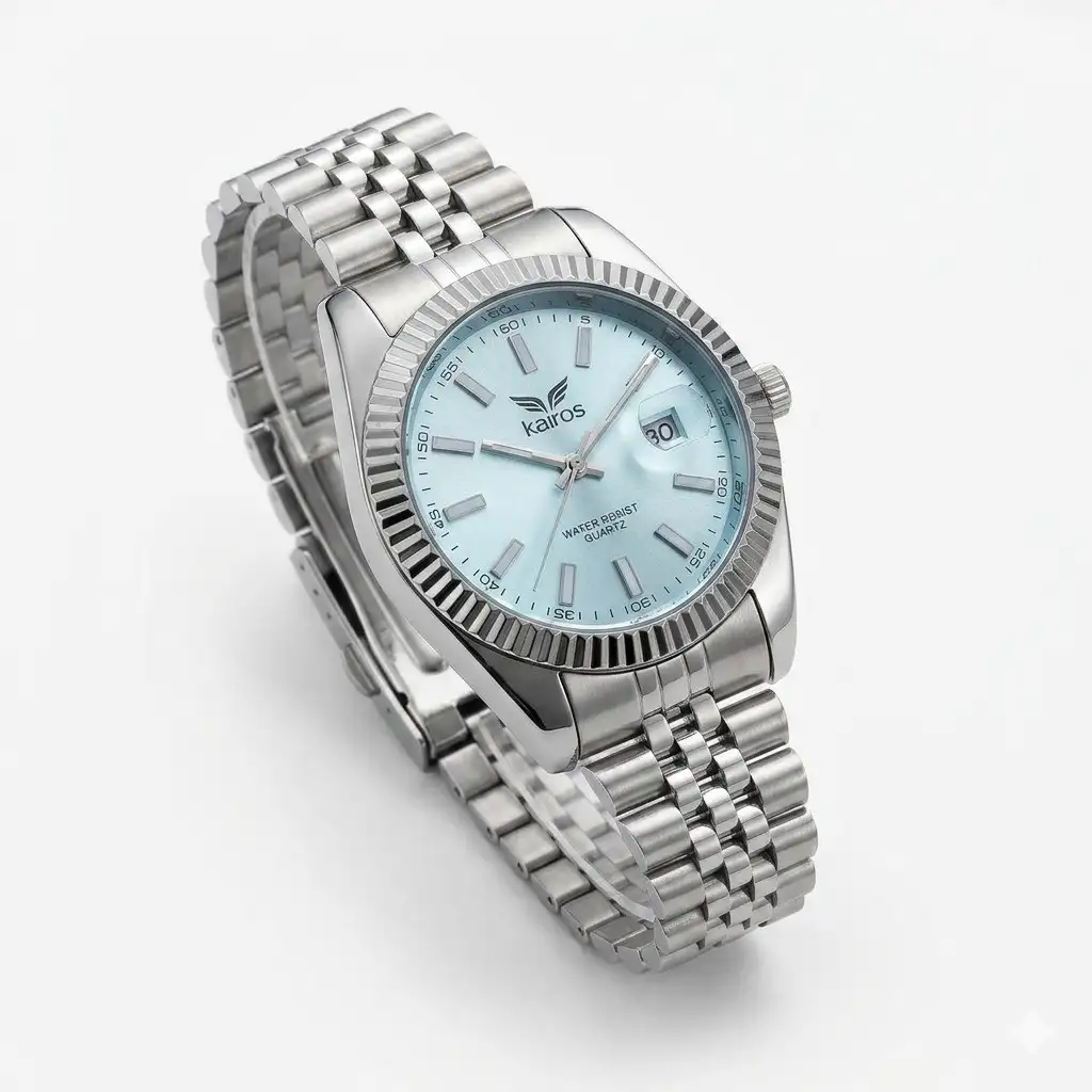 Reloj Kairos Original Acero Análogo Plateado Fondo Azul Celeste
