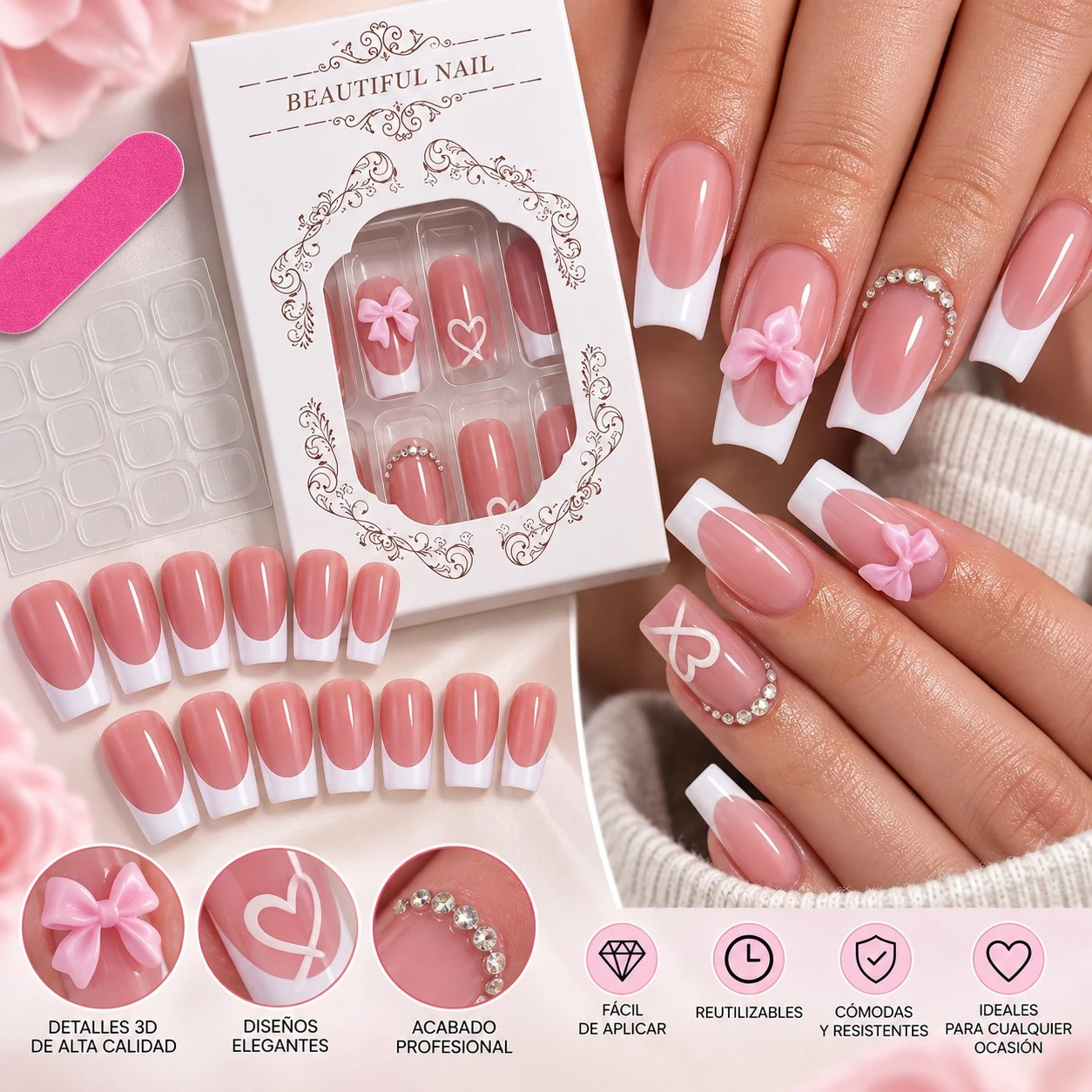 lumera caja de uñas press on con lazo frances