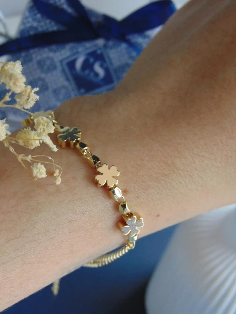 PULSERA RODIO DOR 5 TREBOLES GLOBO 6MM | 16CM LARGO + EXTENSOR 2